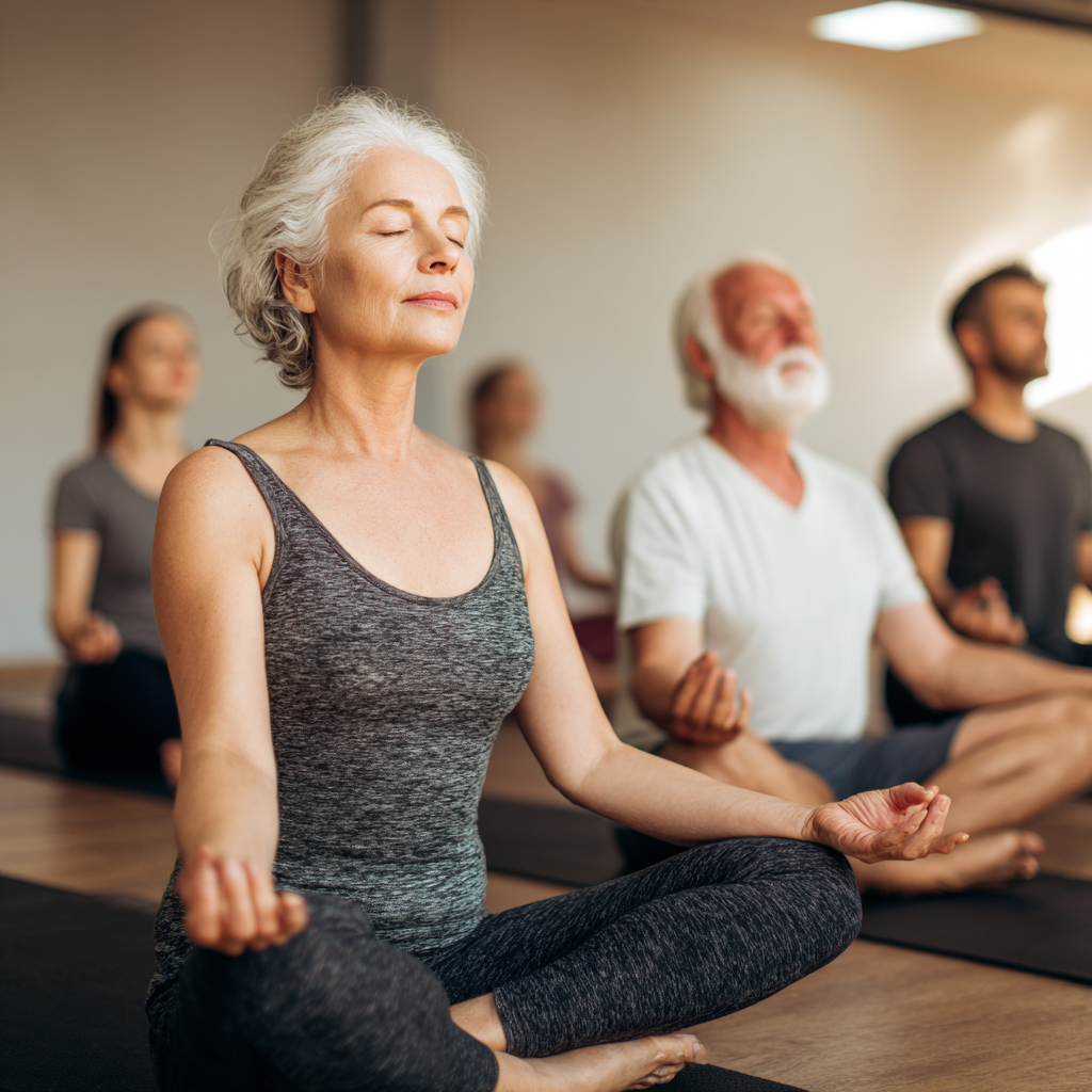 Peaceful middle-aged Ukrainian woman practicing yoga in meditation pose, smiling serenely in natural light