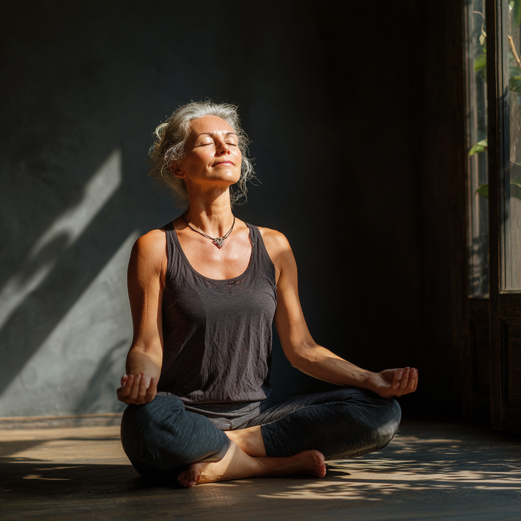 Energetic Ukrainian senior woman in her 60s demonstrating a gentle yoga pose with a bright, confident smile and good posture